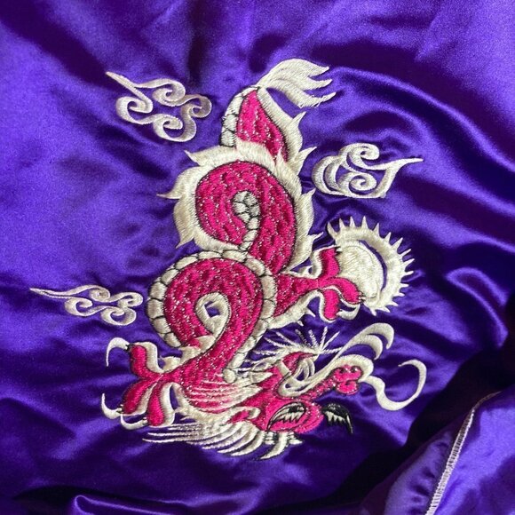 Dragon embroidered purple satin long kimono art to wear graphic asian metallic - Picture 6 of 6